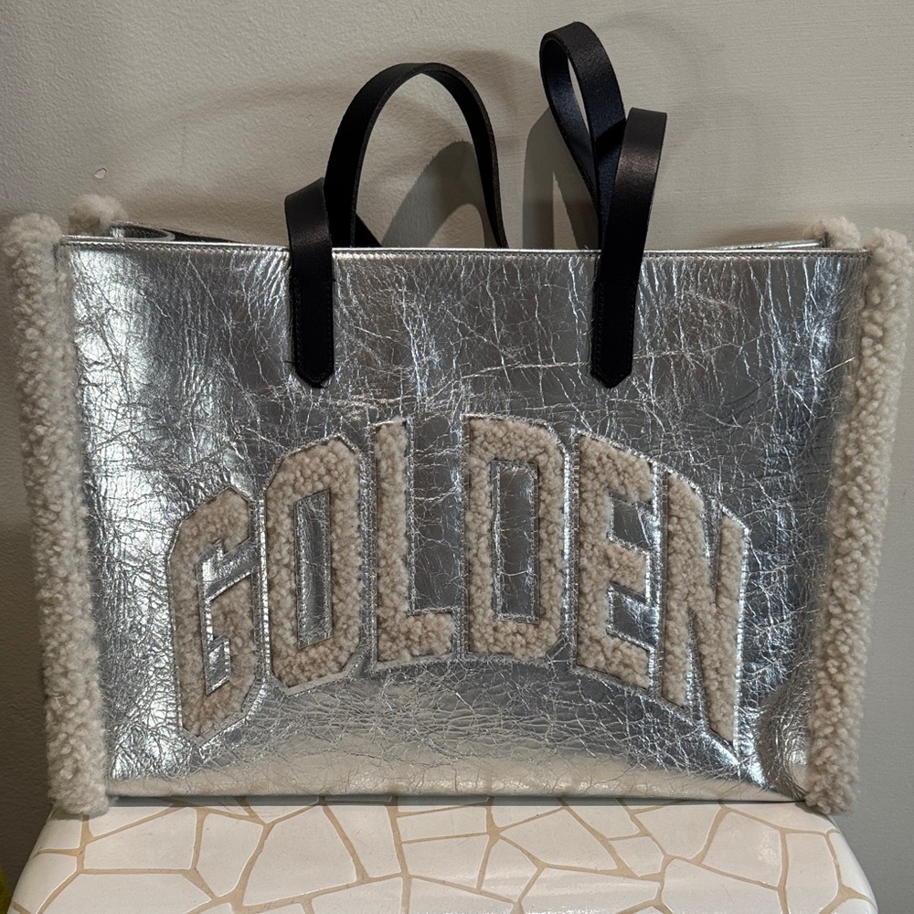 Brand new without tags Golden Goose Silver leather and shearling Tote Bag